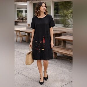 Yesno  Inspired Linen / Cotton Blend  Black Multicolor Shirt Sleeve Dress M